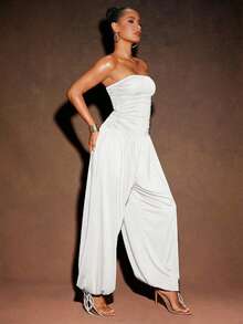 Hauture Women's Sexy Summer Vacay Jersey Sleeveless Side Ruched And Drawstring Hem Jumpsuit - White - View 3