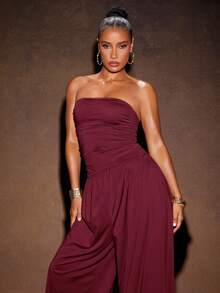 Hauture 女士性感夏季度假针织无袖连体裤，侧边褶皱抽绳下摆 - 紅色 - 查看 4