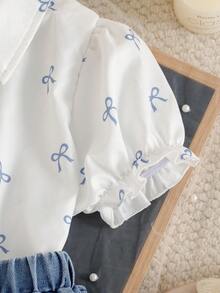 Girls' Butterfly Print Cute Shirt + Adorable Bowknot Blue Washed Denim Jeans - Multicolor - View 5