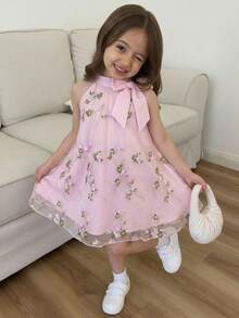 SHEIN Young Girls Bow Collar Doll Dress Princess Dress, Casual & Fashionable For Daily Wear, Photo Shoot, Outings, Versatile - Pink - View 5