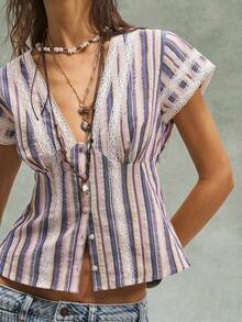 Bohemela 休闲条纹短袖V领修身女式衬衫 - 彩色 - 查看 7