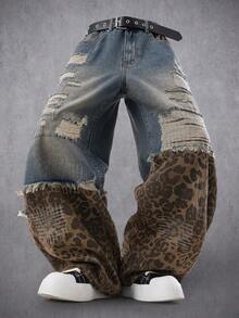 Manfinity Denimwave Men's Patchwork Leopard Print Pocket Distressed Straight Guys Baggy Leopard Print Jeans - Blue - View 3