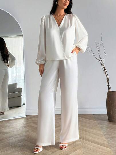 EURMUSE Women, Spring, Summer, Hite Satin Set, Two Pieces Lounge Set, Silk Pajamas, Wide Leg Satin Pants, Bridal Lounge, Pajama Chic, White Co-Ord, Glossy Satin, Balloon Sleeve Top, Bridal Getting Ready, Luxury Loungewear, Silky Trousers. Boho, Basic, Casual, Premium Quality