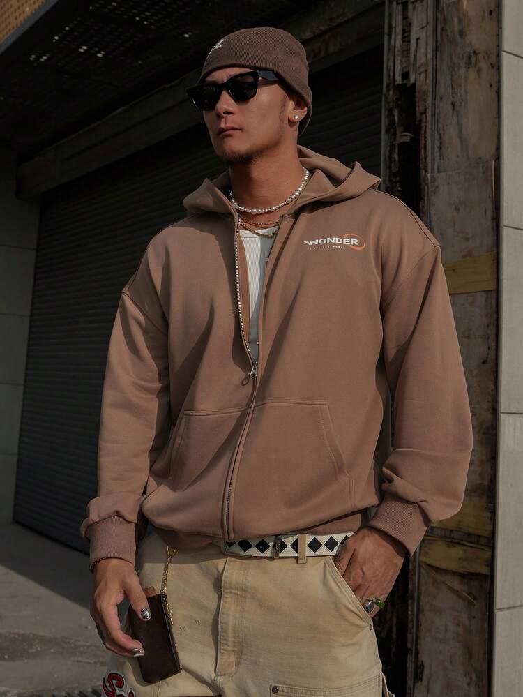 Brown Motorcycle Letter Print Hooded Sweatshirt For Men, Street Style, Spring/Autumn