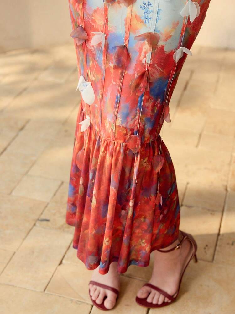 WOMEN'S ELEGANT FLORAL APPLIQUED CAMI DRESS, SUMMER