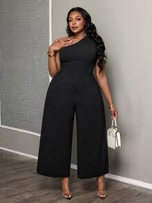 SHEIN PETITE CURVE Plus Size Solid Color Casual Jumpsuit - Black - View 7