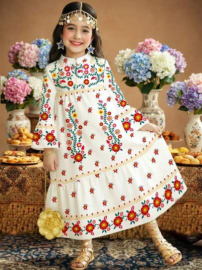 SHEIN Robe décontractée avec imprimé floral et dessin animé, convenant pour le printemps/été. Abaya de prière, confort facile, tenue décontractée, vibrations de vacances, kaftan modeste, jalabiya, cadeaux islamiques, jalabiya de fille musulmane mignonne, confort facile, vibrations de vacances