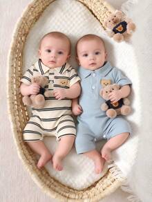 SHEIN Infant Short Sleeve Striped Romper With Polo Neck And Sweet Bear Patch For Everyday Play Casual, Cute And Casual Color-Blocked Striped Collared Button-Down Short-Sleeved Printed Romper For Infants And Toddlers. Available In Light Blue Solid Color And Black And White Striped Knit Fabric, This Two-Piece Set Is Perfect For Everyday Wear And Vacations.2-Piece Newborn Baby Boy Cute Simple Striped Print Ruffled Hem Crew Neck Short Sleeve Top And Pants Knit Set. Elegant Party Dresses. - Blue - View 4
