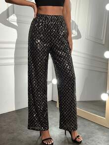 EURMUSE Women's Rhombus Pattern Casual Versatile Commuting Wide-Leg Pants - Gold - View 4
