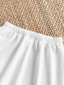 SHEIN Bộ 2 món đồ mặc nhà thoải mái dành cho nữ và thiếu nữ, gồm áo dài tay và quần, cổ và gấu áo viền hoa trang nhã. - trắng - Xem 6