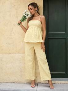 SHEIN 两件套休闲黄色碎花吊带背心和松紧腰裤孕妇套装 - 黃色 - 查看 3