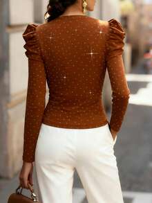 Balvessa Kaos Wanita Lengan Panjang Elegan untuk Pesta dengan Hiasan Berlian Imitasi dan Leher Silang dari Beludru - Coklat - View 2