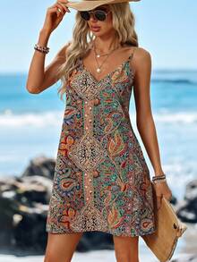 Sylviya 女性波西米亞風格印花交叉束腰連衣裙,v領,露背,流蘇邊緣,適合音樂節