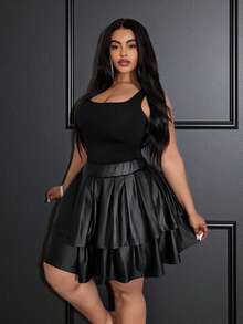 Slaydiva 新款/复活节/西部风/节日/新年/情人节性感/街头风女装/辣妹高腰弹力黑色PU迷你裙，女士夏季新款性感双层褶皱PU超短迷你伞裙 - 黑色 - 查看 5