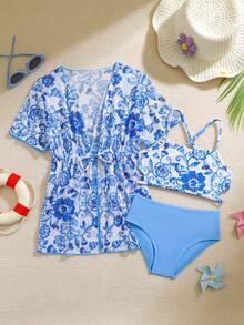 3pcs Young Girl Cheongsam Swimwear Set, Includes Mesh Coverup, Spaghetti Strap Top, And Bottoms, Stretchy Quick-Dry Knit Fabric, Suitable For Beach, Pool, Surfing, Vacation, Summer Twist Front 3 Pieces Bikini Kids Kids Cover Up Swimwears Young Girl Swimwear With Coverup Twist Front 3 Piece Bikini Kids Kids Cover Up Swimsuits Girls Swimsuit With Coverup - Blue - View 4