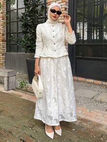 DAZY 女士优雅纹理蕾丝圆领上衣和A字裙两件套，春夏款 - 米色 - 查看 6