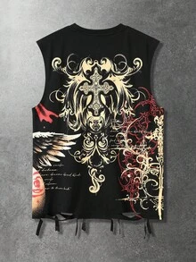ROMWE MEN 男士无袖背心，街头风暗黑美式天使孩童荆棘印花做旧背心 - 黑色 - 查看 2