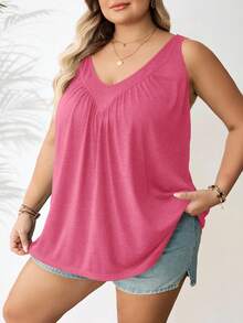 SHEIN CURVE+ Plus Size Women Green V-Neck Loose Camisole, Going Out Tops - Watermelon Pink - View 3