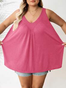 SHEIN CURVE+ Plus Size Women Green V-Neck Loose Camisole, Going Out Tops - Watermelon Pink - View 5