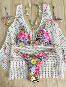 Elavelle Bộ đồ đi biển mùa hè dành cho nữ, bikini gợi cảm với họa tiết ngẫu nhiên, kiểu cổ yếm và trang trí kim loại. - Nhiều màu - Xem 5