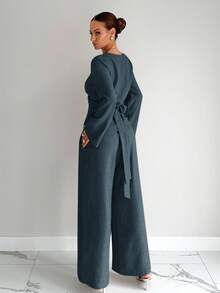 Siren Gaze Elegant Dusty Blue V Neck Wrap Regular Sleeve Blouse And Full Length Plain Woven Fabric Pants Two-Piece Outfit For Women - Dusty Blue - View 2