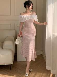 DAZY Women's Sexy & Elegant Off-Shoulder Contrast Ruffle Houndstooth Jacquard Mermaid Hem Fitted Dress - Pink - View 1