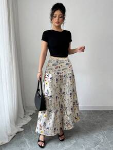 Selianne 女士优雅碎花高腰层叠A字裙，春夏款 - 杏色 - 查看 3