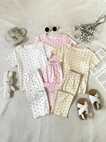 SHEIN Playful Pals 3件套女童夏季套装，女婴短袖波点休闲时尚套装 - 彩色 - 查看 7