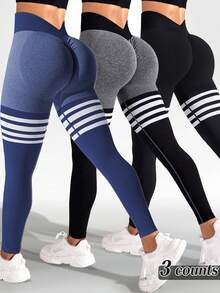 Velisys 女士三件套：黑色亚麻打底裤、藏蓝色运动打底裤、黑色条纹褶皱腰身紧身瑜伽裤、性感提臀裤 - 彩色 - 查看 1