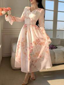 DAZY فستان أنيق للنساء بياقة على شكل حرف V وأكمام واسعة متوسط الطول، فستان ضيف حفل زفاف في الربيع/الصيف - وردي - مشاهدة 8