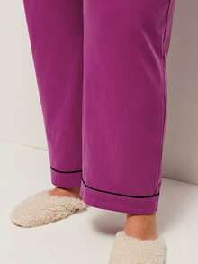 LUVLETTE Conjunto de pijama de algodón 100% puro suave con pantalón y top con botones y ribete de contraste para tallas grandes - Morado - Ver 8