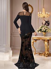 Coutiva Vestido de noche formal sexy y ajustado con cuello redondo, manga larga y transparente (muy enjoyado) - Granate - Ver 2
