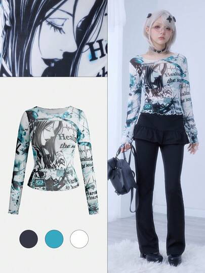 Women's Anime Medical-Themed Sexy Sheer Vintage Tie-Dye Print Blouse