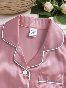 女婴淡紫色和香槟色纯色短袖长裤休闲舒适两件套睡衣，春夏款 - 藕粉色 - 查看 3