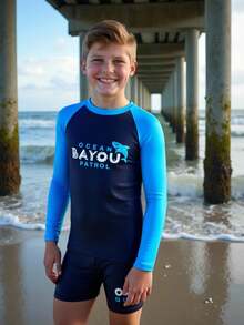 SHEIN 男童修身沙滩字母图案分体泳衣两件套，适合春夏季节和海滩度假 - 藍色 - 查看 7