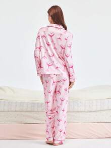 Bonmuse 酒杯印花睡衣套装，甜美可爱翻领纽扣上衣和长裤，女士睡衣和家居服 - 粉色 - 查看 2