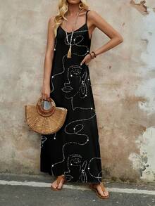 SHEIN LUNE 女士舒适弹力针织休闲度假长款吊带连衣裙，适合夏季穿着 - 黑色 - 查看 6