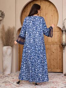 Al Najma 大码女式V领印花蕾丝边阿拉伯风格连衣裙 - 彩色 - 查看 4