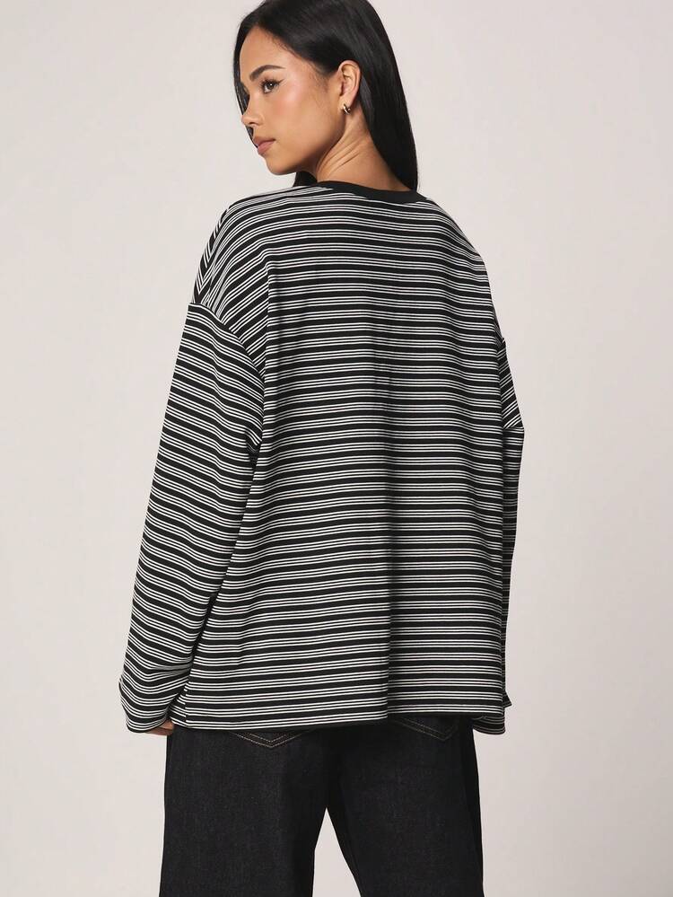 MISSGUIDED Striped Long Sleeve Crew Neck T-Shirt With Athletic League Graphic Print Fall Winter Casual Pullover Top