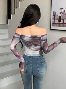 Modelyn Women's Knit Mesh Long Sleeve Off Shoulder Cinched Waist Pleated Casual T-Shirt - Multicolor - View 2