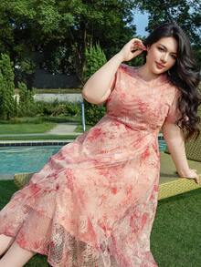 Dazy Plus Đầm midi ren eo thắt cho nữ cỡ lớn nhân dịp Valentine, đầm ngắn tay cổ tròn thanh lịch thích hợp cho các buổi hẹn hò. - Màu Hồng  San hô - Xem 8