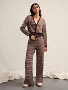 Easelle Bộ đồ nữ thường ngày kẻ sọc nâu, tay dài và quần ống rộng buộc dây phía trước, gồm 2 món. - màu nâu - Xem 7