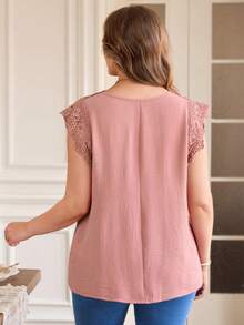 Rosumi 大码女式水溶性蕾丝束腰上衣 优雅衬衫 夏季度假装 - 粉色 - 查看 2