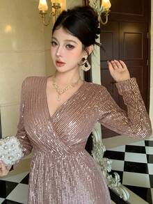 DAZY 优雅亮片连衣裙，高端奢华小众派对礼服，女士嘉年华闪亮连衣裙 - 駝色 - 查看 6