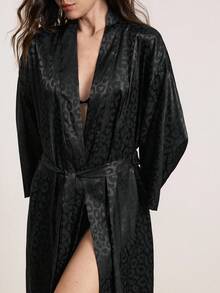 1pc Women's Elegant Soft & Silky Jacquard Long Sleeve Robe, Sexy Loose Breathable Sleepwear, Suitable For All Seasons Home Use - Black - View 6