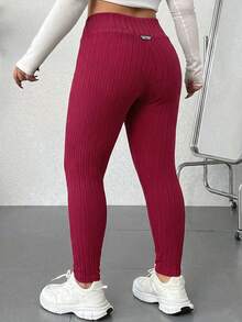 SHEIN EZwear 大码女式纯色罗纹休闲打底裤 - 紅色 - 查看 2