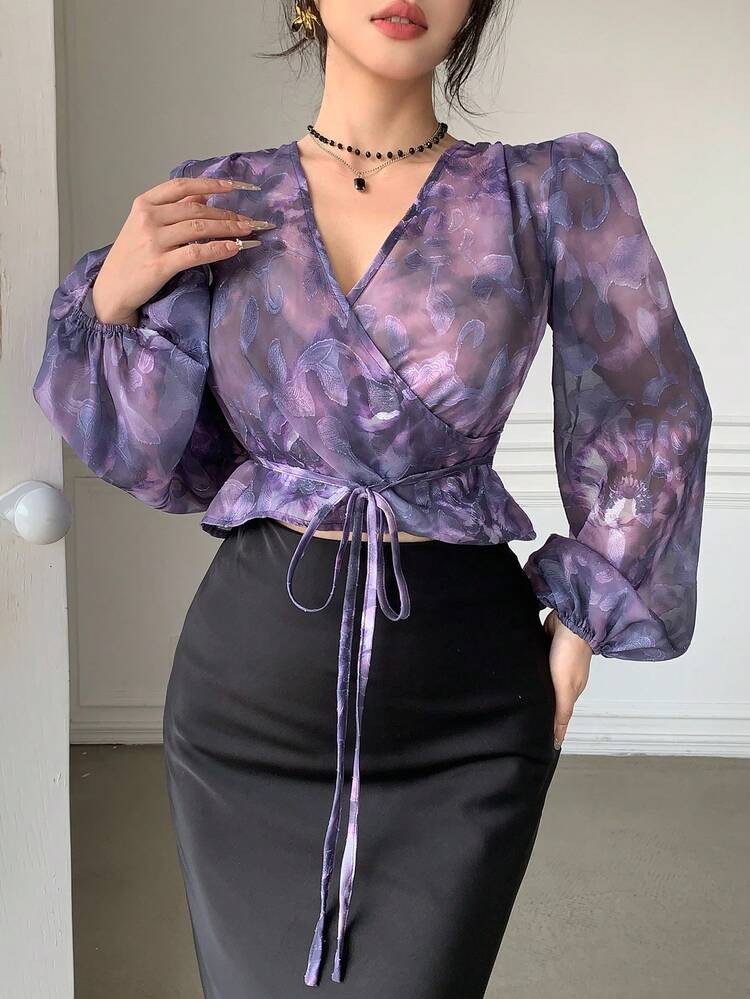 Women's Elegant Floral Print V-Neck Puff Sleeve Belted Blouse, Spring/Summer,Wedding Guest Dress Women