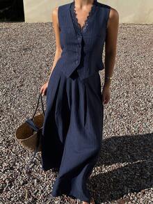 DAZY 女士优雅蕾丝拼接吊带背心和阔腿裤两件套，春夏度假装 - 藏蓝色 - 查看 1