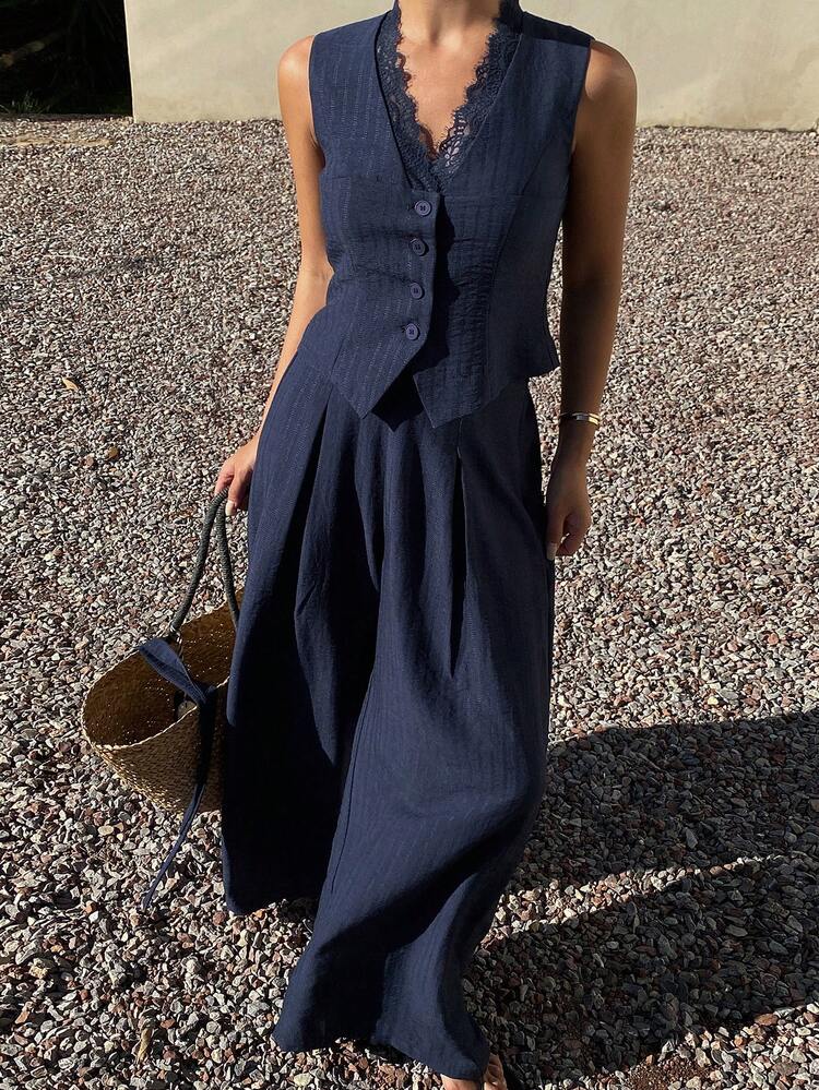 Women's Elegant Lace Patchwork Camisole And Wide Leg Pants 2 Pieces Set, Spring/Summer Vacation