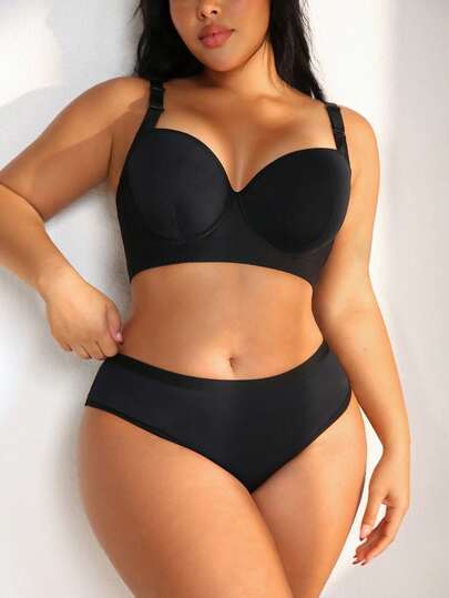 NudeFit 2pcs Set Plus Size Solid Color Comfortable Adjustable Multi-Button Bras